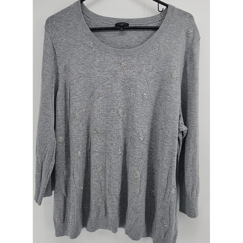 Talbots Women Embroidered Beaded 3/4 Sleeve Crew Neck T-Shirt Gray Size 2X